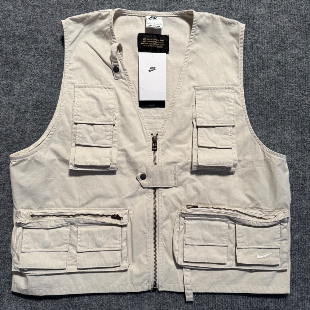 Nike Cargo Utility Vest‎ Beige Mens Size S Lightweight Pockets Zip Up Safari